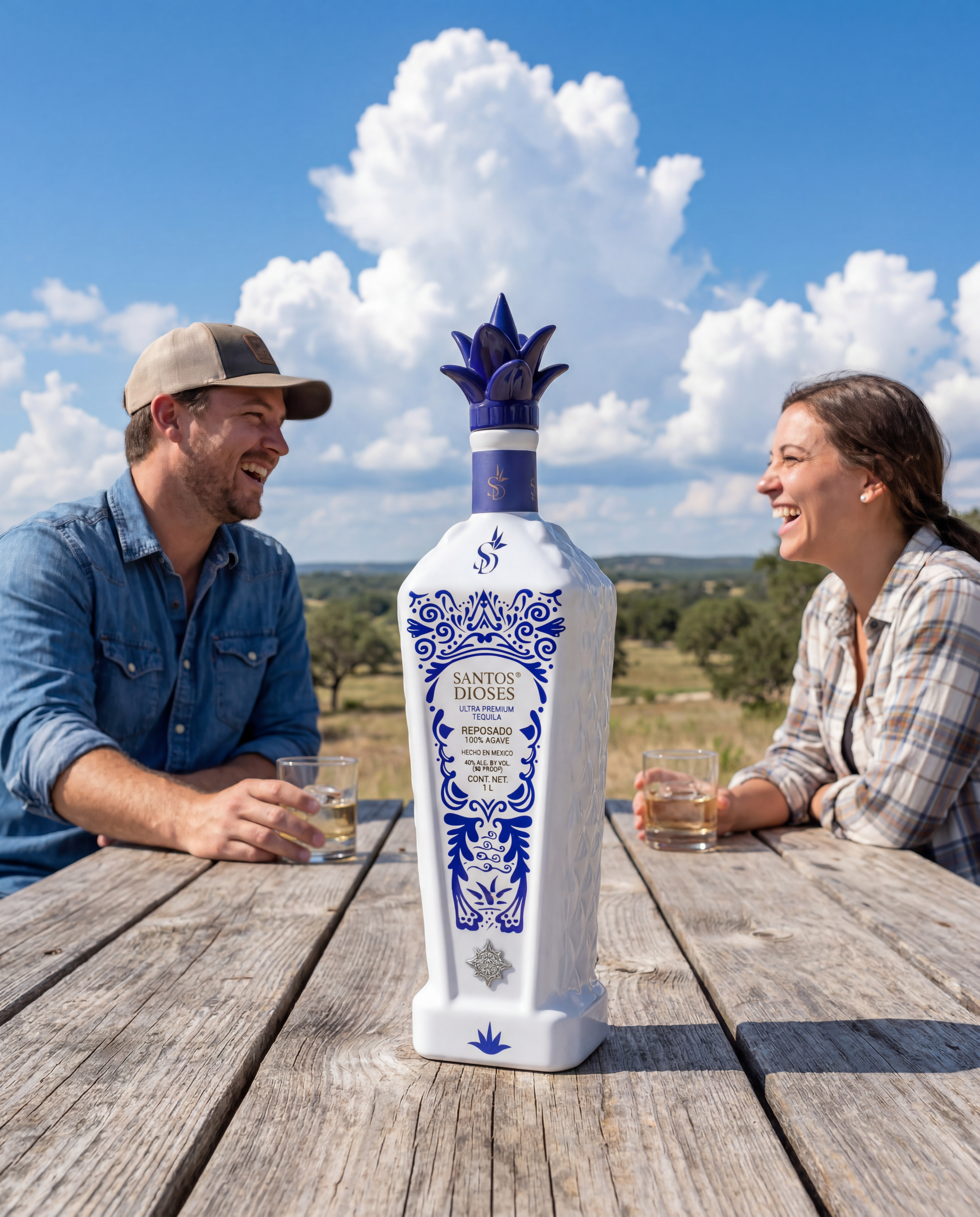 Santos Dioses Reposado bottle hero on a weathered wood plank picnic table in the Texas Hill Country at midday, two casual friends in denim and plaid sharing a candid laugh over rocks glasses, rolling oak-studded hills and big cumulus clouds behind